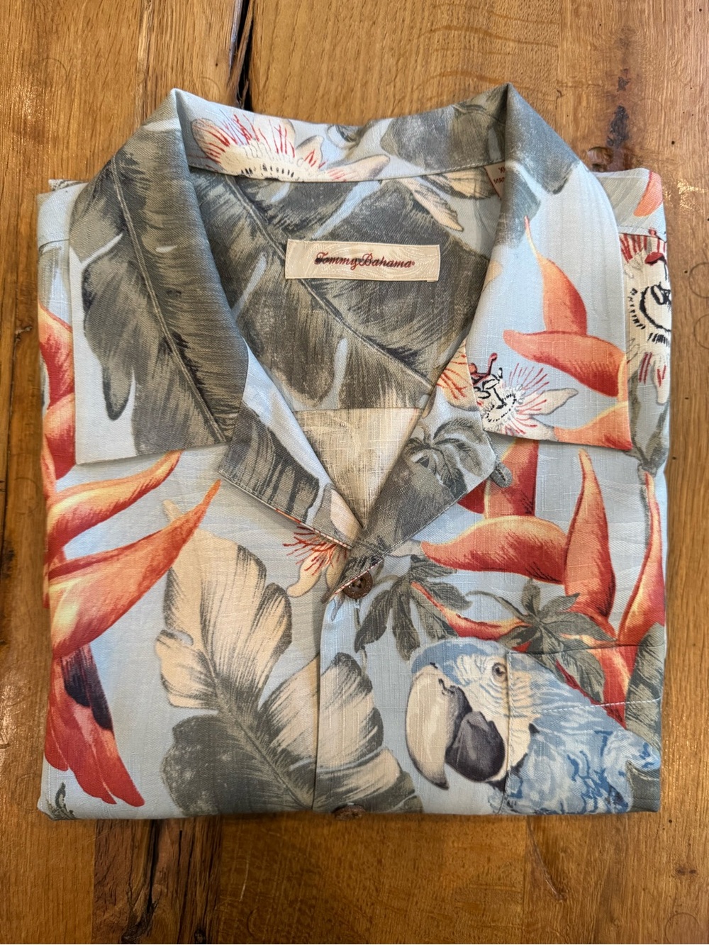 Tommy Bahama 100% Silk Light Blue Parrot & Tropical Floral Camp Shirt